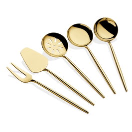 Hermia Almeria - Gold Juego de Servicio 5 Piezas Acero Inoxidable PVD Titanio Dorado Incluye Cuchara, Tenedor, Espátula y Colador